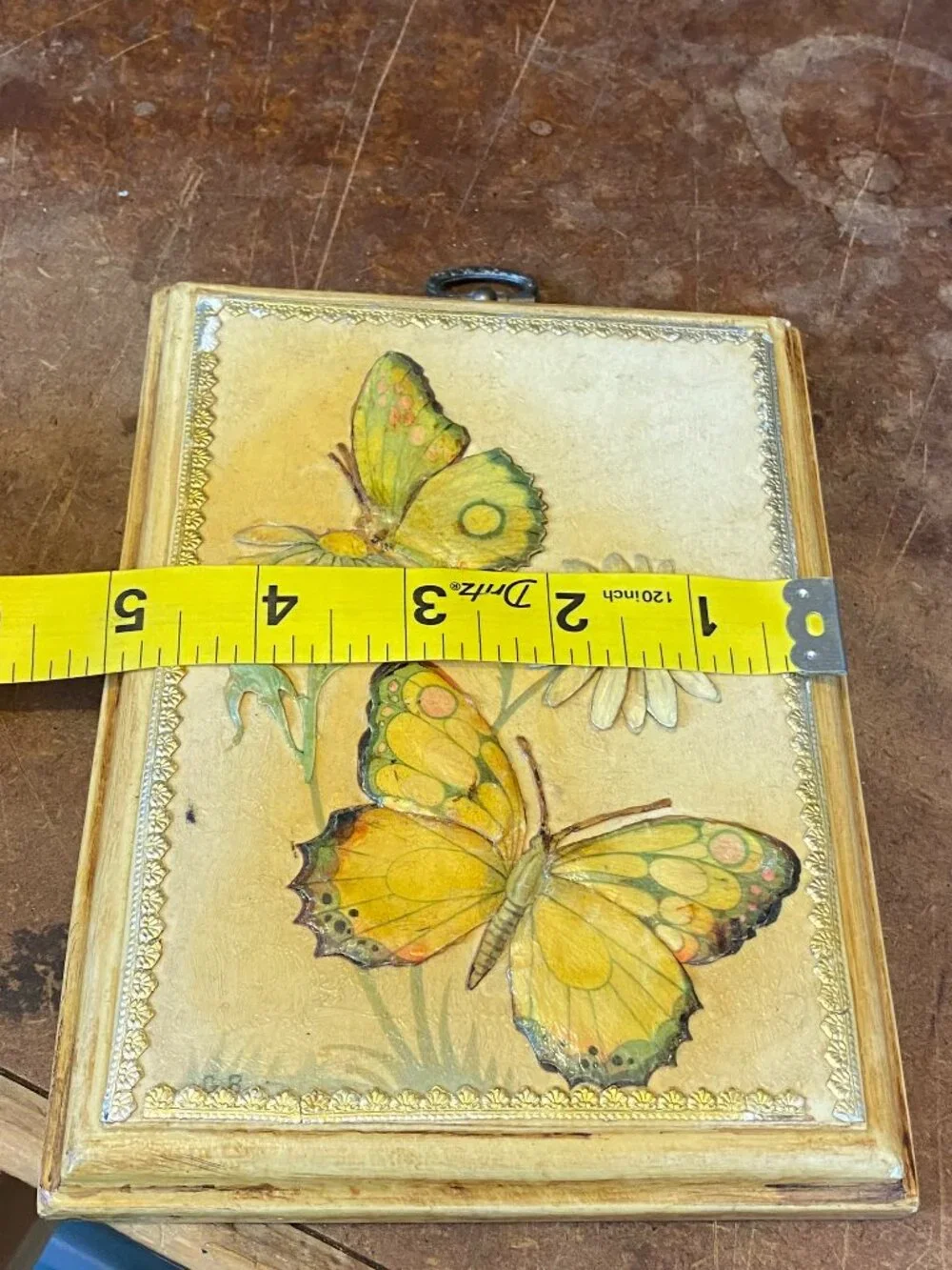 1970s Butterfly Decorative Wall Plaque On Wood Metallic Lace Border Vintage